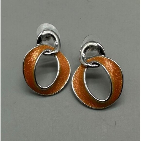 3/$30 Oval Link Earrings Orange Enamel Silver Tone Pierced Statement Shimmer 1" - Picture 2 of 9
